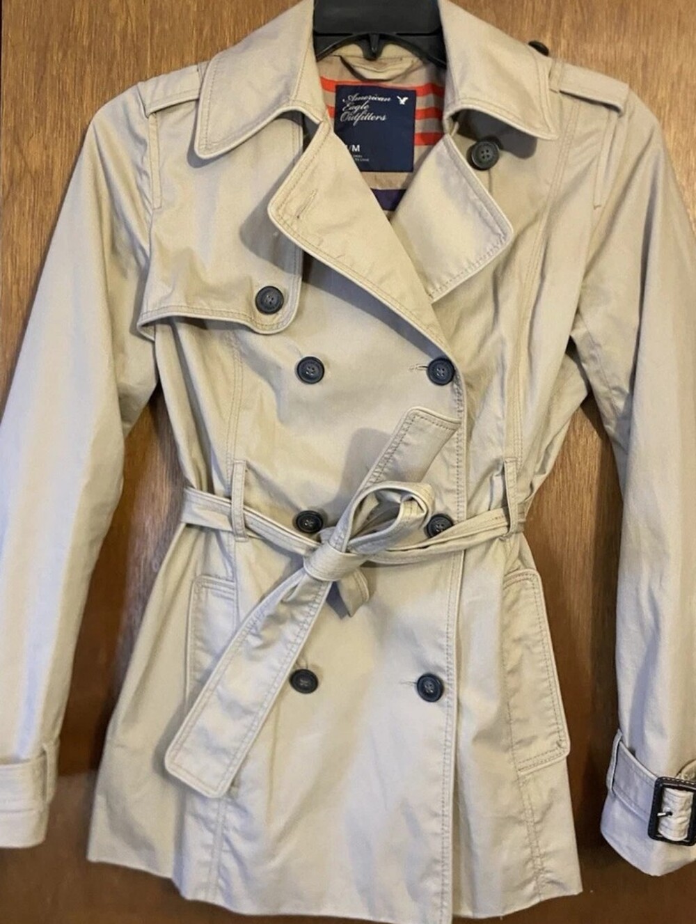 Trench Coat Tan Short American Eagle Stripe Lined Colorful Large